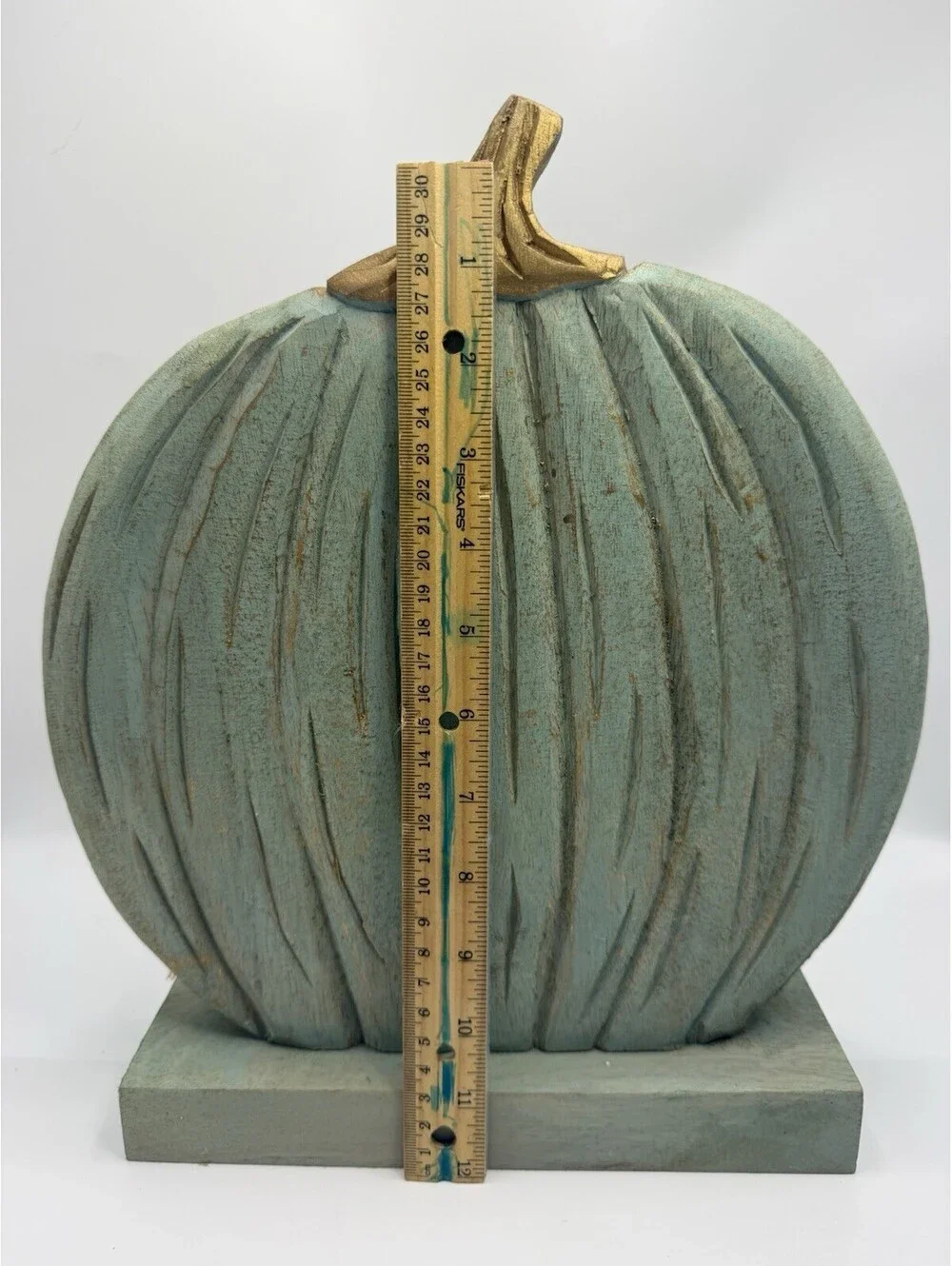 Solid Wood 13” Teal Pumpkin Fall On Stand Decor